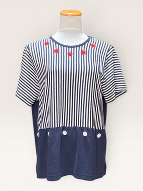 Vintage Patriotic Nautical Striped Top Red Star Embroidered Large USA